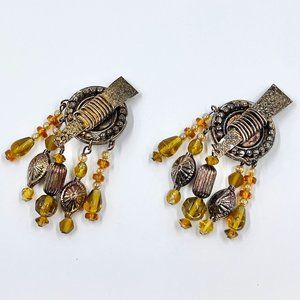 NWOT - Large Yellow Beaded Antiqued Gold Statement Chandelier Clip Earrings
